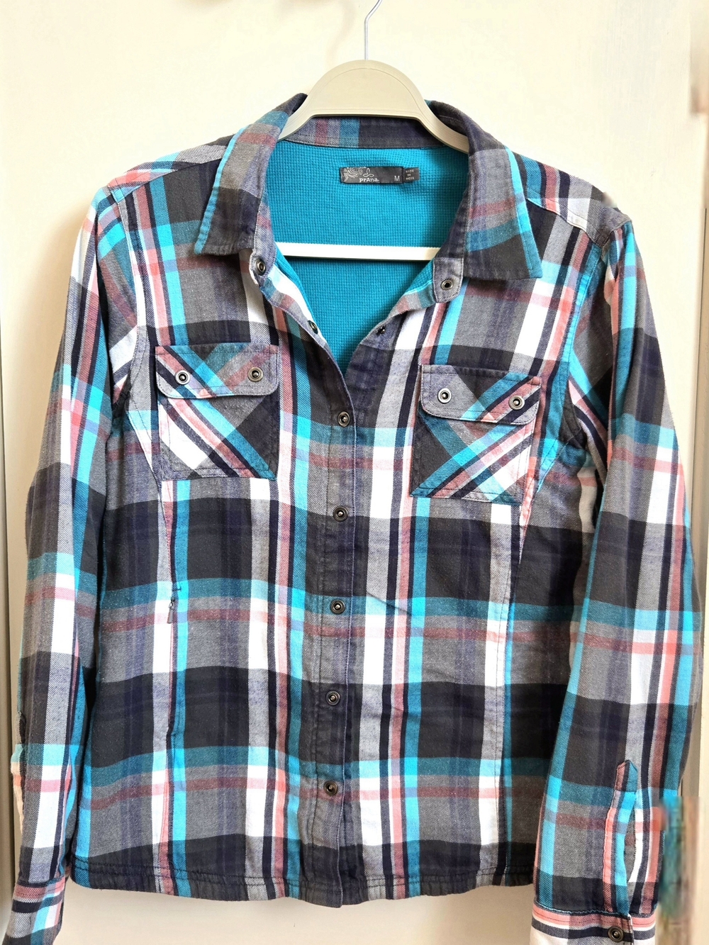 prAna Bridget Thermal Lined Teal & Black Flannel Shacket Plaid Shirt Jacket